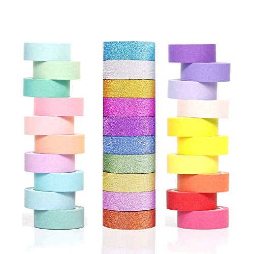 Phantomon Lot de 30 rouleaux de ruban adhésif Washi 15 mm de large pour masquage décoratif multi-usages de couleur arc-en-ciel à paillettes pour enfants, couture, scrapbooking, journal Cover