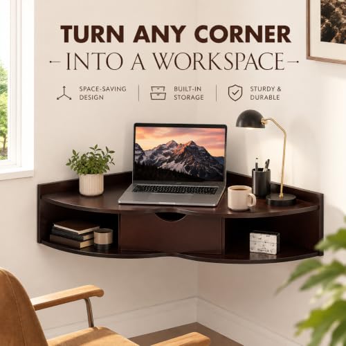 Image of Basicwise Wall Mounted Folding Desk with Drawer and Two Shelves