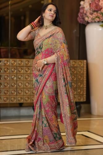 Image of Designer Chinon Silk Printed Mirror Work Saree with Unstitched Blouse Piece for Women Festive TraditionalWear Party Ethnic Saree (Rust Orange)
