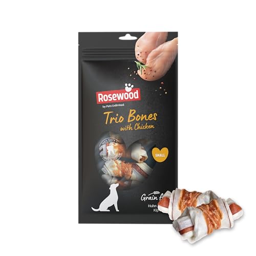Rosewood Trio Bones Huhn Small – Feste Kauknochen mit Huhn, Kausnack aus Rinderhaut für kleine Hunde, unterstützt die Zahnpflege, ohne Getreide, ohne künstliche Zusatzstoffe, 80 g