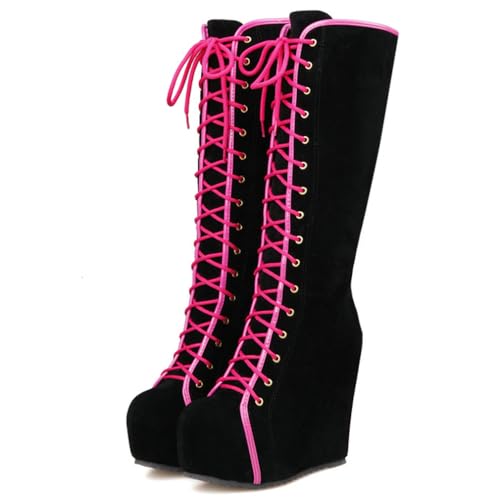 Image of Parisuit Women's Knee High Goth Platform Boots Lace Up Combat Boots