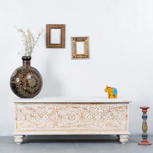 Image of Wifo Solid Wood Coffee Table for Living Room Wooden Trunk Box for Storage | Handcrafted Center Table for Living Room with Sandook Storage | Pitara for Home and Bedroom (White Distress)