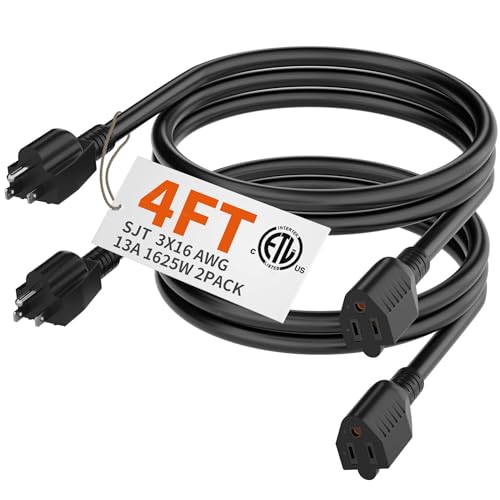 HUANCHAIN 4 FT(2 Pack) 16 Gauge Black Indoor Outdoor Extension Cord Waterproof, Flexible Cold Weather 3 Prong Electric Cord Outside, 13A 1625W 125V 16AWG SJTW, ETL Listed