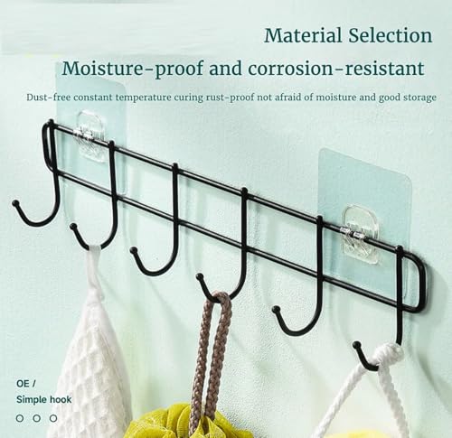 Image of Heavy Duty Adhesive Wall Hooks Rack | No Drill Multipurpose Kitchen & Bathroom Organizer | Strong Self Adhesive Hanging Hooks for Towels, Utensils, Clothes, Bags (Black, 6 Hooks)