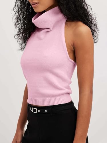 Image of Langwyqu Womens Turtleneck Sweater Vests Sleeveless Knit Halter Tank Tops Sexy Loose Cami Shirts