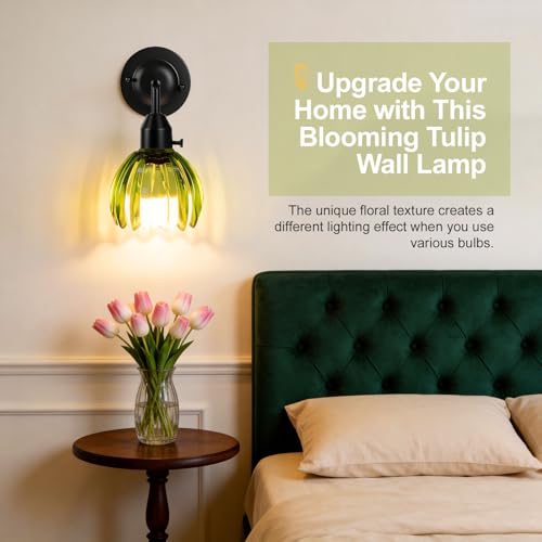 Image of Vintage Wall Sconces Set of 2 with Green Tulip Glass Lampshade, Hardwired and Wireless Wall Mounted Light Fixtures (2 Usage Methods), Black Lamp with Switch for Bedside Bedroom Living Room Wall Decor