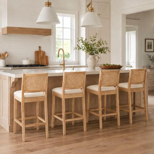 Image of 26'' Rattan Bar Stools Set of 4, Linen Seat,Cream | Cane Back,Rubberwood Frame,Low Maintain Fabric,Tucks Under Counters,for Kitchen Island Home Bar
