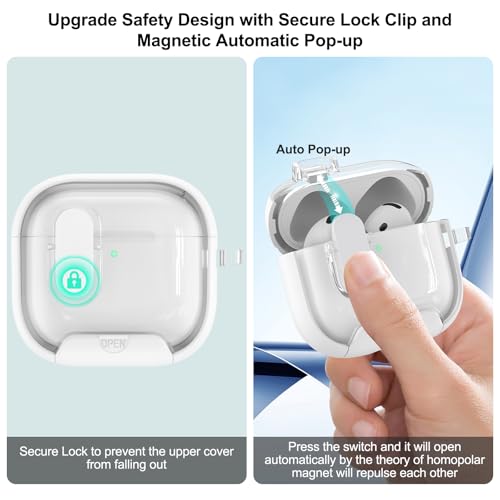 Image of Aircawin for Airpods 4 Case Clear,Secure Lock for Airpods 4th Generation Case Cover with Phone Stand and Magsafe Function,Auto Pop-up,Hybrid Protection Design with Carabiner&Cleaning Pen-White