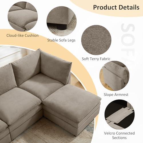 VANOMi 127\" Cloud Modular Sectional Sofa Couches for Living Room, Oversized Modern Sleeper Sofa with Deep Seat Double-Layer Thick Cushion Movable Ottoman, Convertible Upholstered Sofa Set, Taupe