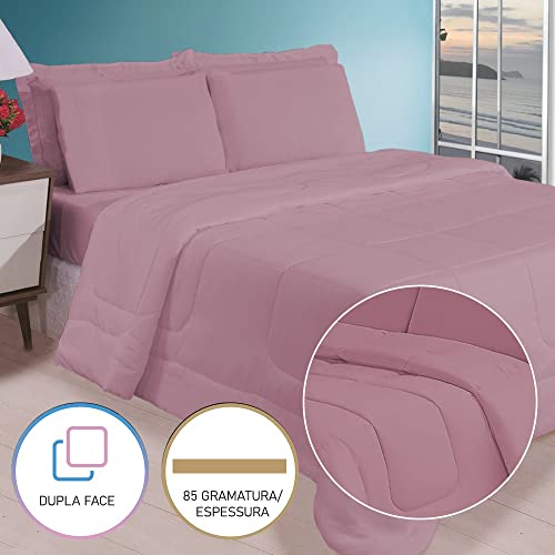 Jogo de Cama Casal Enxoval com Edredom e Jogo de Lençol 6 Peças (Rosé)