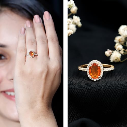 Certified Fire Opal 6X8mm Oval Engagement Ring, AAA Quality, Natural Opal Diamond Halo Ring for Women2