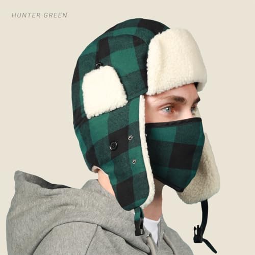 Image of Buffalo Plaid Winter Trapper Hat, Sherpa Lined Ear Flap Hunting Cap Men