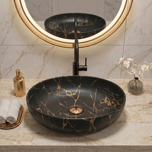 Image of BASSINO 20x16x5 Inches Ceramic Table Top Wash Basin /Designer Bathroom Sink /Luxury Countertop Vessel Basin /Oval Above Counter Basin /Wash Basin for Bathroom /Dining Hall /Vanity Sink(Matt Black Marble)