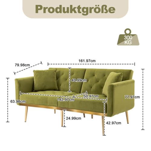 Aksamitna sofa, 2-osobowa sofa, elastyczna sofa, rozkładana sofa, pikowana sofa z podłokietnikami w nowoczesnym stylu, do małego mieszkania, pokoju gościnnego, sypialni,Green