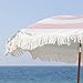 AMMSUN Boho Fringe Umbrella Outdoor Patio, 6.5ft UPF50+ Picnic Umbrella with Tassels with Steel Pole and Push Button Tilt, Pink Stripes