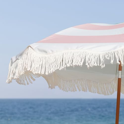 AMMSUN Boho Fringe Umbrella Outdoor Patio, 6.5ft UPF50+ Picnic Umbrella with Tassels with Steel Pole and Push Button Tilt, Pink Stripes by AMMSUN - Image 3