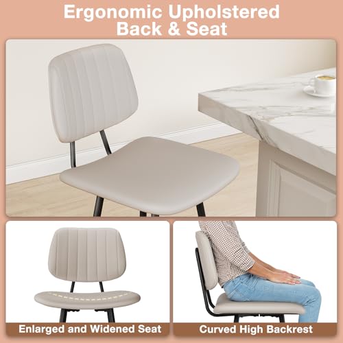 Image of Raynesys 24-Inch Leather Bar Stools Set of 3 with High Backrest, Beige