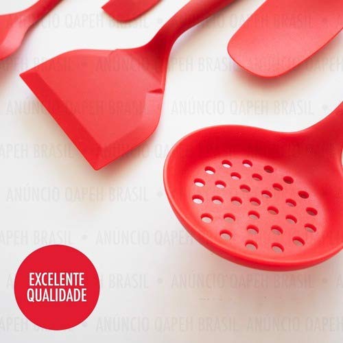 Kit 6 Utensílio Silicone Conchas Espatula Luva Térmica Forno - Vermelho