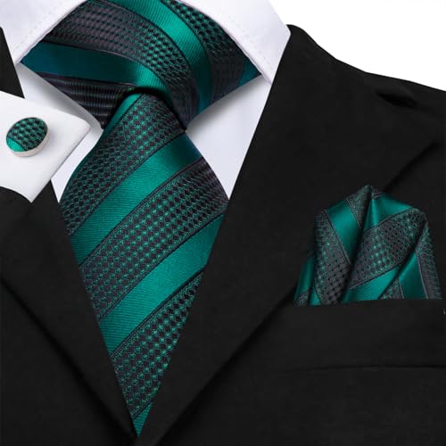 Image of Hi-Tie Silk Ties for Men Plaid Paisley Striped Necktie Pocket Square Cufflinks Set Formal Business
