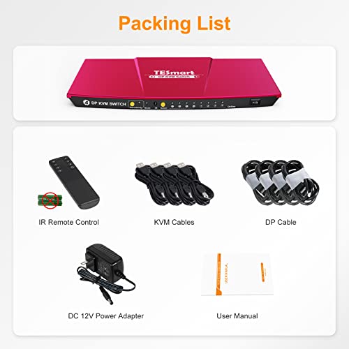 Tesmart Kvm Switch Displayport, 4 Port Kvm Box, Uhd 4K@60Hz Rgb 4:4:4, Usb 2.0 Hub, Hotkey, Button Switching, Dp Pc Keyboard Mouse Switcher For 4 Computers Sharing 1 Monitor With 5Ft Cables #TOP7