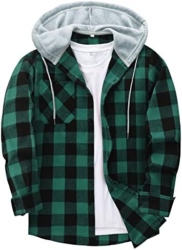 トップス BoTT Hooded Flannel Shirt Green TEREDIER Hooded Flannel Shirt for Men Plaid Shirts Long Sleeve