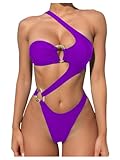 OYOANGLE Women's Ring Linked Cut Out One Shoulder One Piece Swimsuit High Cut Bathing Suits Purple Small