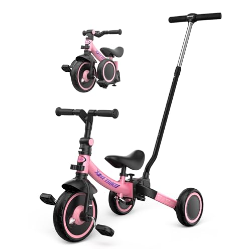 besrey 5 in 1 Kleinkind-Dreirad mit Lenkschiebegriff für 1-5 Jahre, faltbares Laufräder, Kleinkind-Fahrrad mit Radkupplung, größere Räder, abnehmbare Pedale, höhenverstellbarer Sitz,Rosa