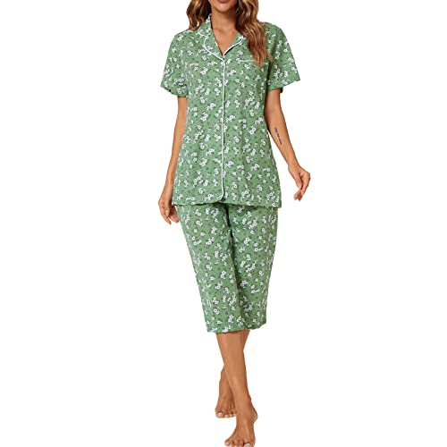 Image of Tugege Capri Pajamas Set Womens Button Down Short Sleeve Lounge Sets Sleepwear Notch Collar Top & Capri 2 Piece PJ Sets