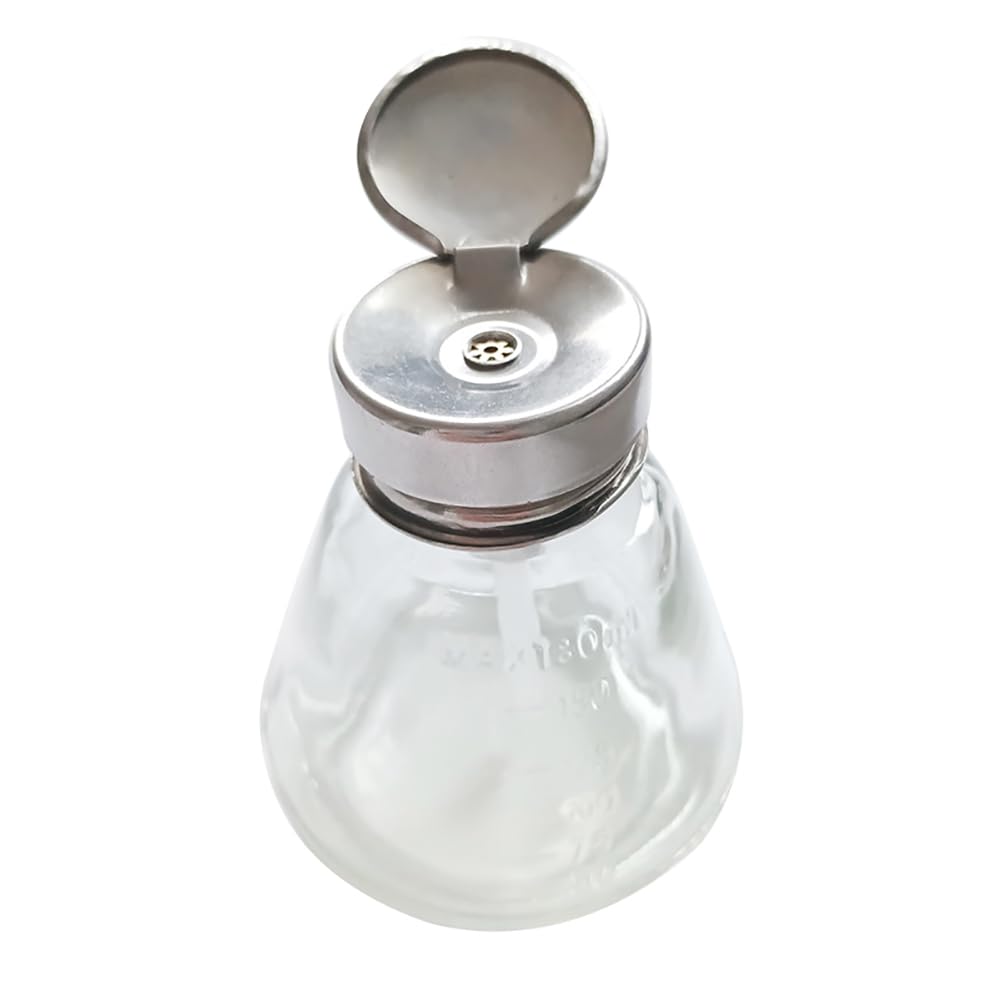 HugeDE 180ml Glass Alcohol Push Down Bottle Liquid Pump Dispenser Toner Container Makeup Nail Polish Remover Storage Jar with Flip Top Cap