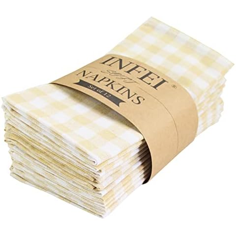 INFEI Big Checked Cotton Blended Dinner Cloth Napkins - Set of 12 (40 x 40 cm) - for Events & Home Use (Beige) Cover