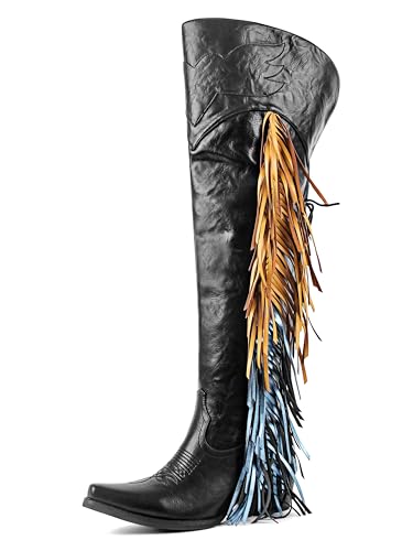 MissHeel Lace Up Over the Knee Cowboy Boots for Women Black Thigh High Cowgirl Boot with Fringe Wide Calf Long Cowboy-Boots for Thick-Thigh Size 8