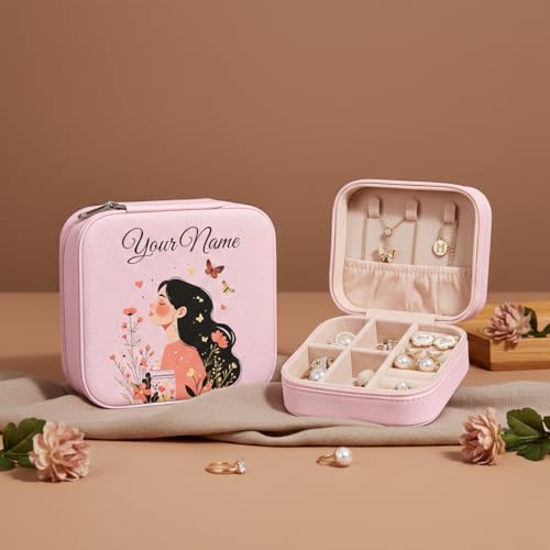Image of PRIMIT Personalized Jewelry Box with Name & Birth Flower - Custom Travel Jewelry Organizer Case - Bridesmaid, Birthday, Christmas Gift for Women & Girls (Butterfly Pink Girl)