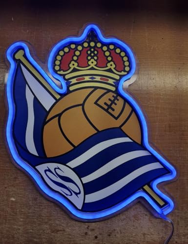 Letrero regalo Escudo 2° división Club futbol R.Sociedad de Pared con Corona,colores iluminados brillantes con base metacrilato,neón led y vinilo 40x30 cm aproximadamente con cadena y alimentación 12v