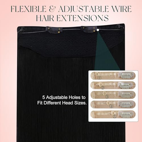 Image of Easyouth Invisible Human Hair Wire Extensions Black Hair Extensions Wire Hair Jet Black Wire Hair Extension Human Hair Add Length and Volume Secret Fish Line Human Hair Extension 14 Inch 70g