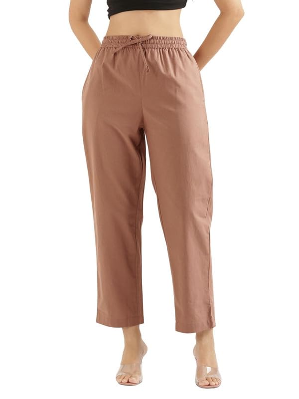 Image of SAADAA Cotton Straight Pants for Women | Breathable Everyday Wear Trousers | Drawstring, Deep Pockets & Elastic Waistband | Casual & Comfortable Fit