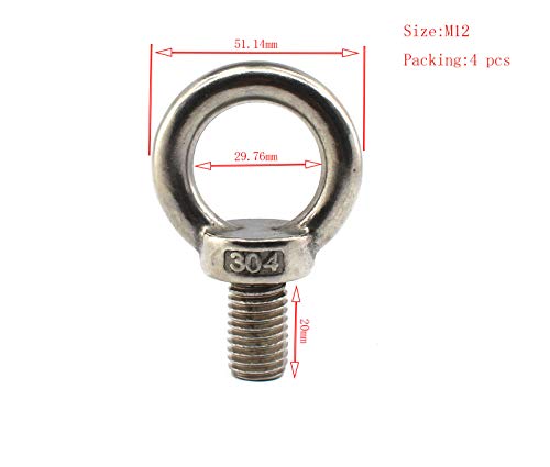 Image of 304 Stainless Steel M12 Lifting Rigging Eyebolt Ring Shaped with Standard Length of Thread Pack of 4 pcs