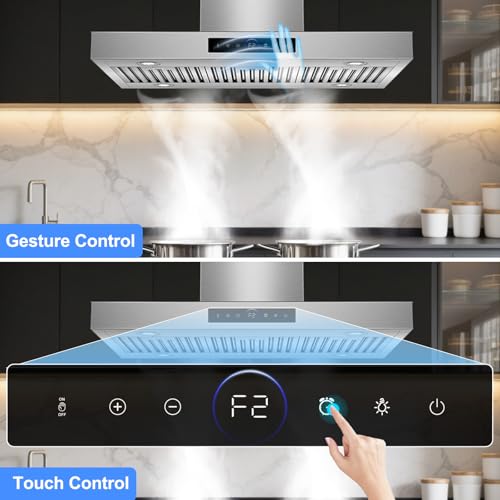 Image of 36 inch Island Range Hood Ceiling Mount 1200 CFM with 4-Speed Gesture Sensing & Touch Control, Ducted /Ductless Stainless Steel Kitchen Stove Vent Hoods with 4 LED Lights, Timer,Dishwasher-Safe Filters