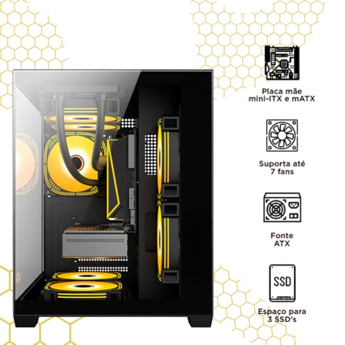 Gabinete Gamer Aquário Lateral Vidro Espaçoso Grande Preto - Imagem 2