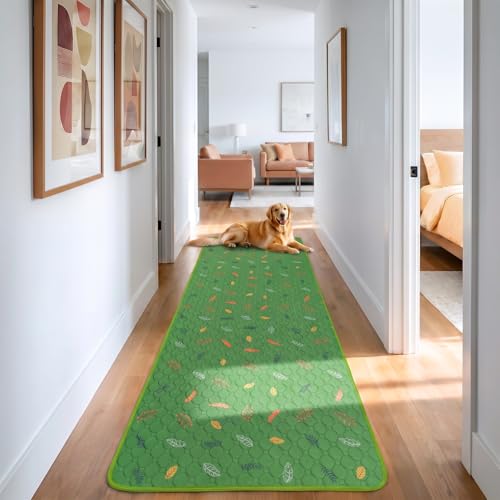 Image of Sunheir Washable Pee Pads for Dogs Large 24 inch x 72 inch 2-Pack Reusable Puppy Pads Pet Training Pads, Absorb Dog Mats, Whelping Pad, Non-Slip Protects Against Urine Leakage, Runner Rug (Leaves - Green)