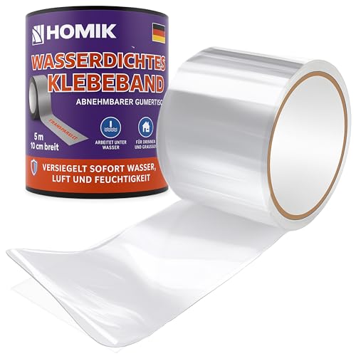 HOMIK Nastro Adesivo Impermeabile Trasparente Estremamente Resistente per uso Esterno e Interno, 10cm x 5m, Resistente ai Raggi UV, Nastro Adesivo Autosaldante