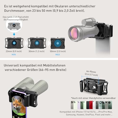 APEXEL Aktualisierung Universal Handy Adapter mit Fernauslöser,360°Drehung Kompatibel mit Fernglas Binoculars Monokular und Mikroskop,Teleskop Adapter für Mobiltelefone mit Breiten von 66~95 mm