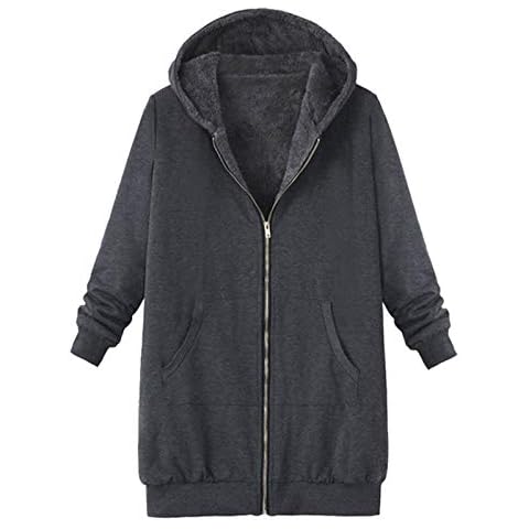 LianMengMVP Womens Long Hoodies Zip Up Long Sleeves Ladies Fleece Longline Hoodie Sweatshirts Women Vintage Solid Fleece Hooded Zipper Plus Size Long Sleeve Thick Coat Cover