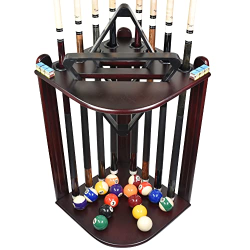 Pool Cue Rack - Pool Stick Holder Corner Rack With 16 Ball Holders & 6 Pack Of Chalk - Rubber Circle Pads To Prevent Damage - Compact Billiard Table Accessories For Man Cave (Mahogany) #TOP20