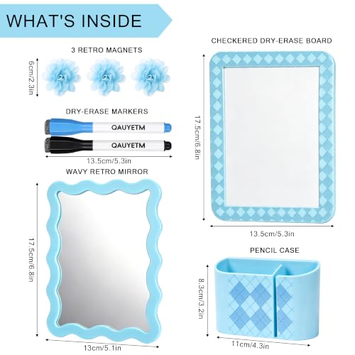 Image of 8 PCS Blue Locker Accessories Kit for Girls with Magnetic Mirror Whiteboard Pen Holder Flower Magnets Cute Aesthetic Locker Decoration Set for School Dorm Office Organization