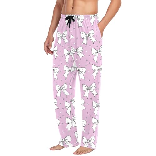 Men's White Bows Pajama Pants with Pockets - Straight Fit Cotton Sleep Bottoms for Lounge & Nightwear#6954