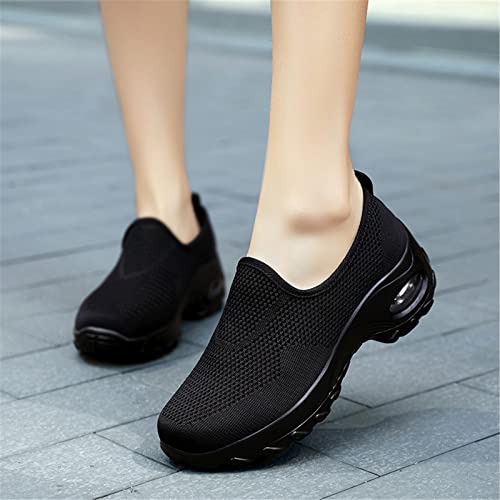 Ladies Air Cushion Walking Shoes Summer Knitting Mesh Sneaker Convenient Casual Slip on Running Shoes Lightweight Breathable Sneakers Big Size Jogging Shoes
