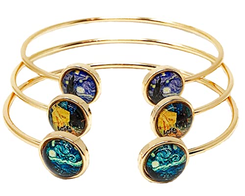 Image of Blazing Autumn Three Van Gogh Starry Night Art Bracelets With Cleaning Cloth (Gold Colored Metal)
