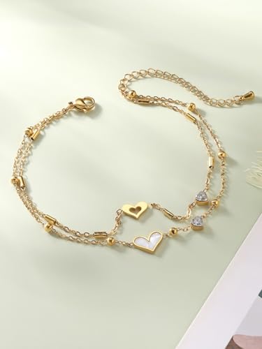 Jovivi Gold Ankle Bracelets for Women 18K Gold Plated Ball Link Chain White Shell Crystal Heart Charm Anklet Bracelet Summer Boho Beach Jewelry Gift