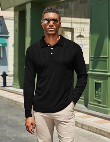COOFANDY Men's Casual Polo Shirts Long Sleeve Textured Knit Tee Shirt Wrok Tshirts2