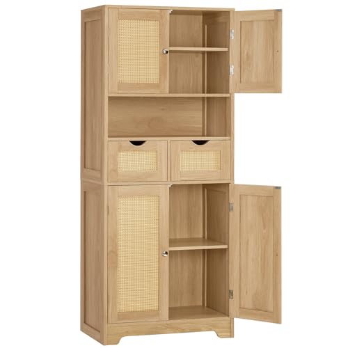 Image of TEENFON 57.8 inch H Tall Storage Cabinet with 2 Drawers & 2 Adjustable Shelves, Rattan Cabinets with 4 Doors, Cupboard, Kitchen Cabinets, Pantry Cabinet, Tall Cabinet for Living Room, Entryway, Natural